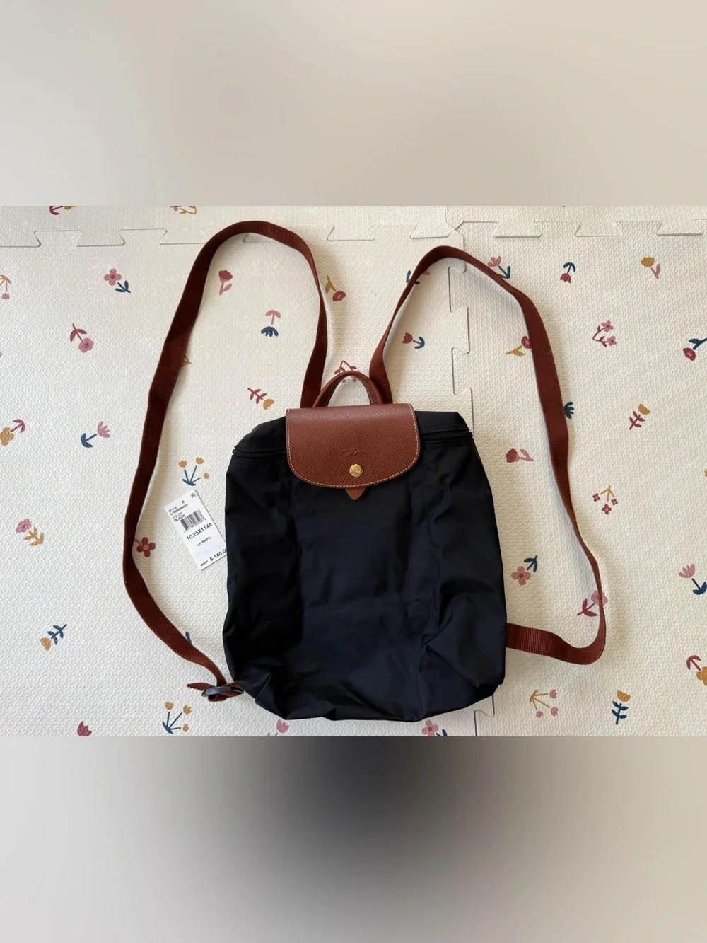 Longchamp Black Nylon Backpack with Brown Leather Flap